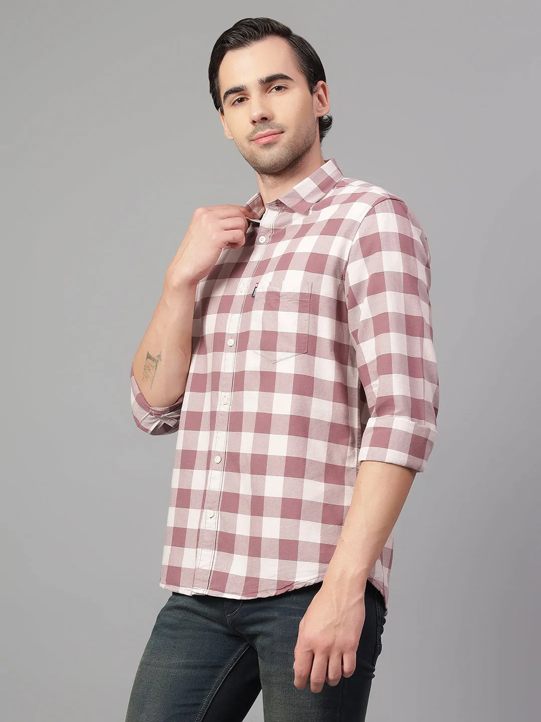 Men's Mauve Checked Full Sleeve Casual Shirt