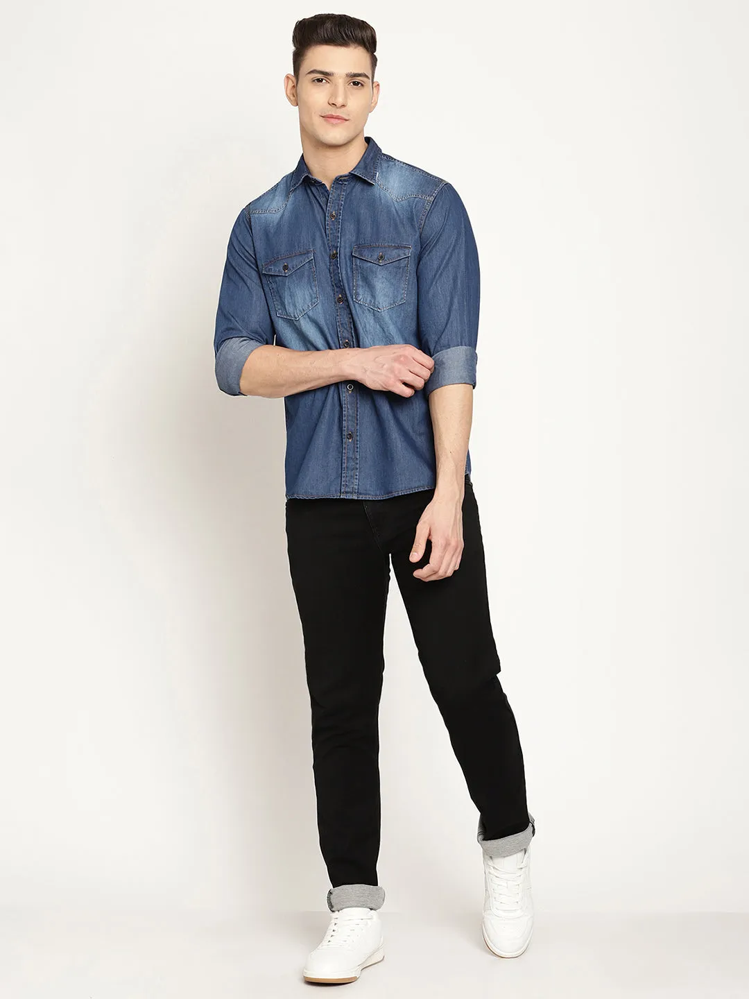 Men's Mid Blue Casual Denim Full Sleeve Shirt