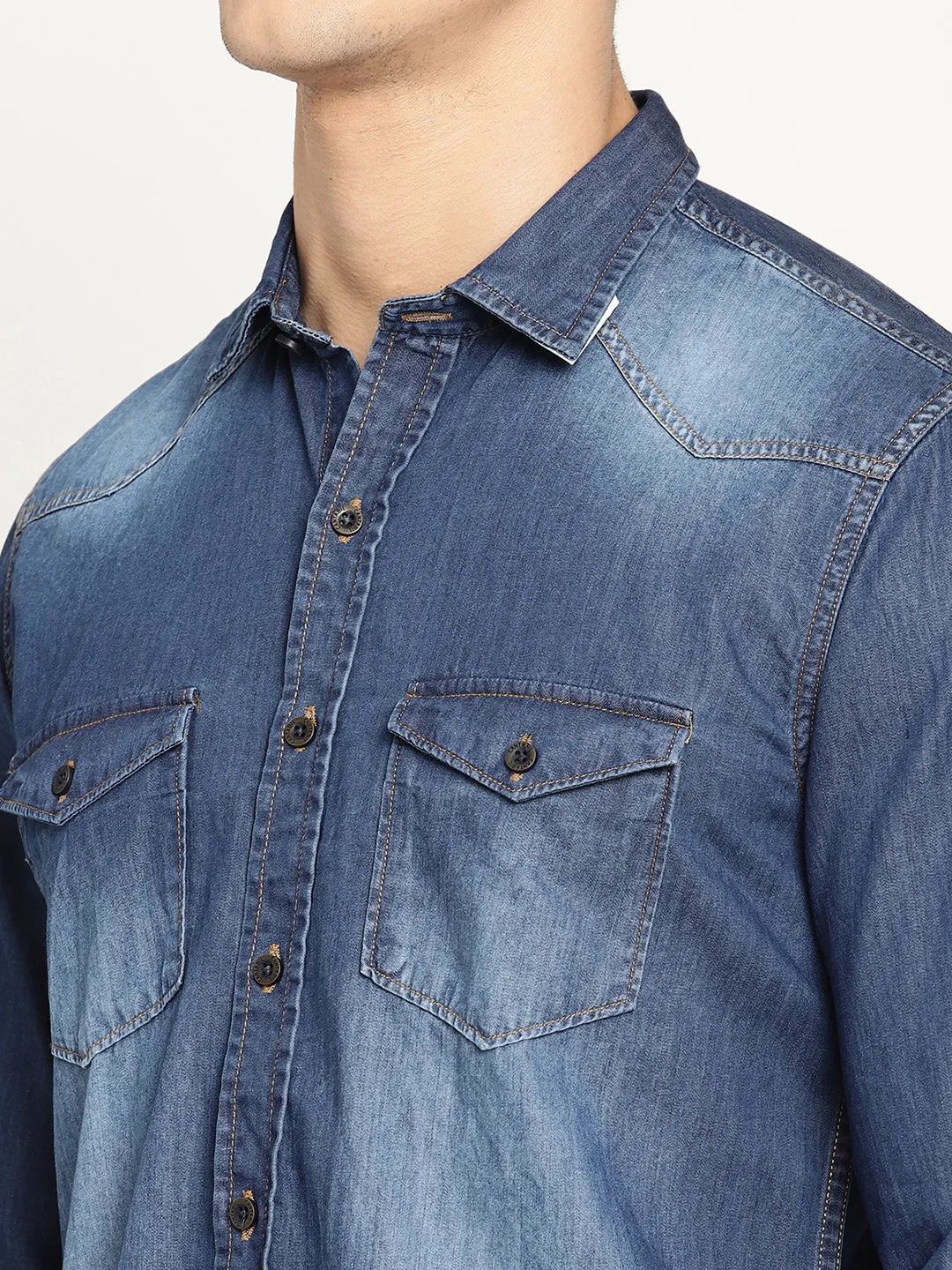 Men's Mid Blue Casual Denim Full Sleeve Shirt