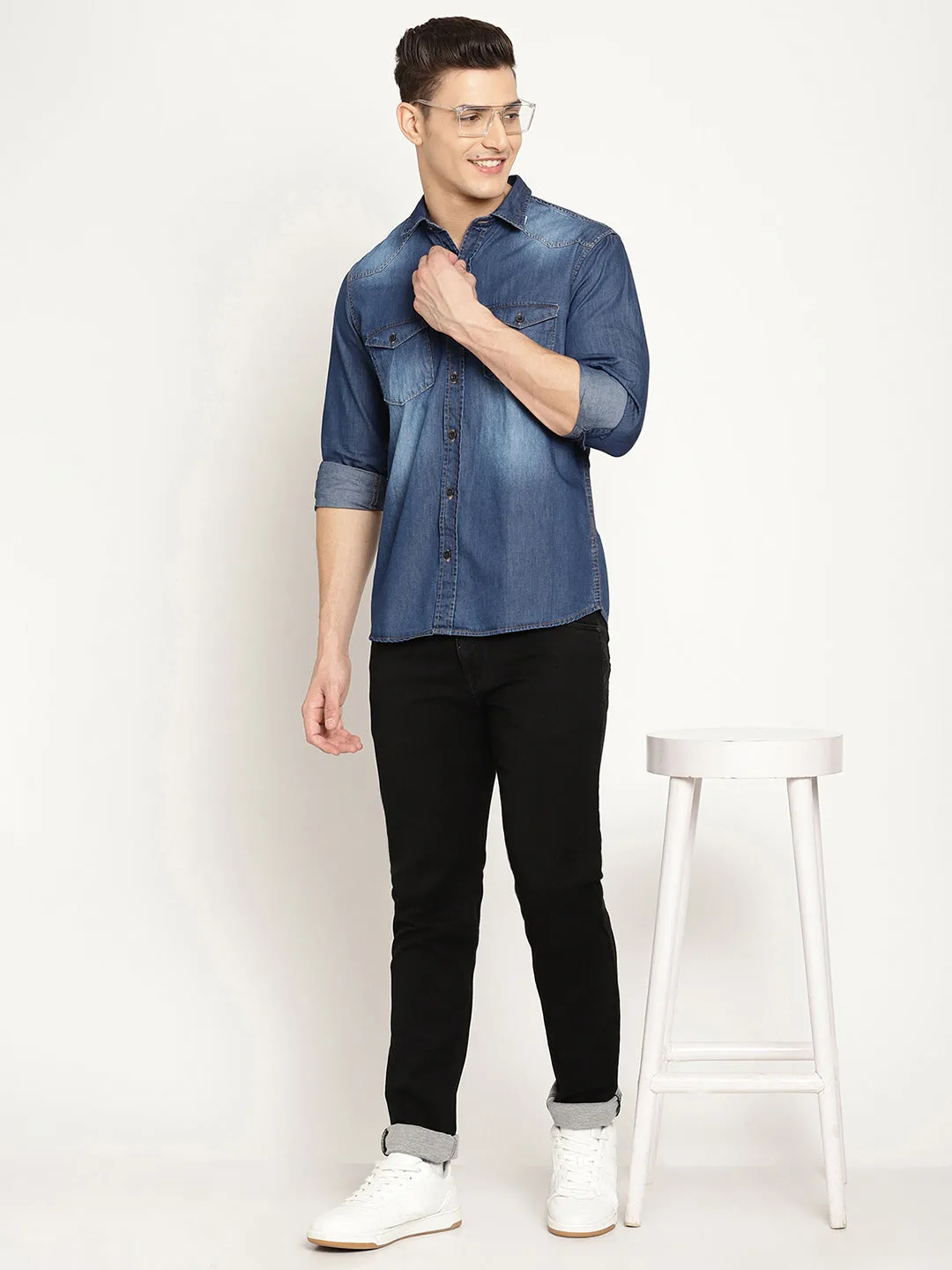 Men's Mid Blue Casual Denim Full Sleeve Shirt