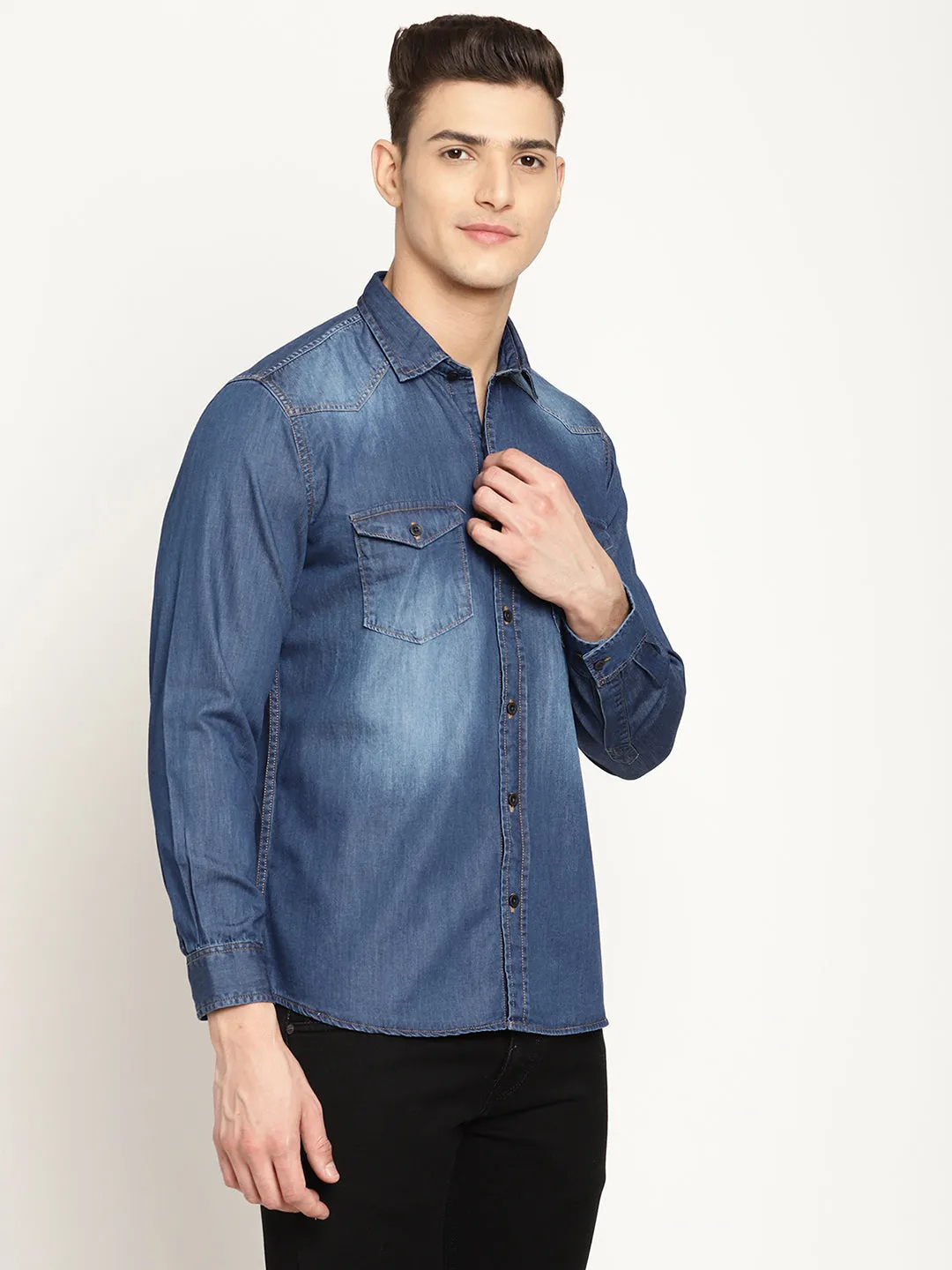 Men's Mid Blue Casual Denim Full Sleeve Shirt