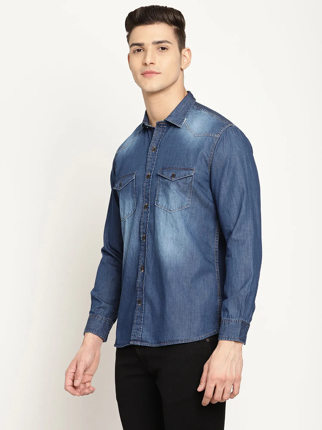 Men's Mid Blue Casual Denim Full Sleeve Shirt