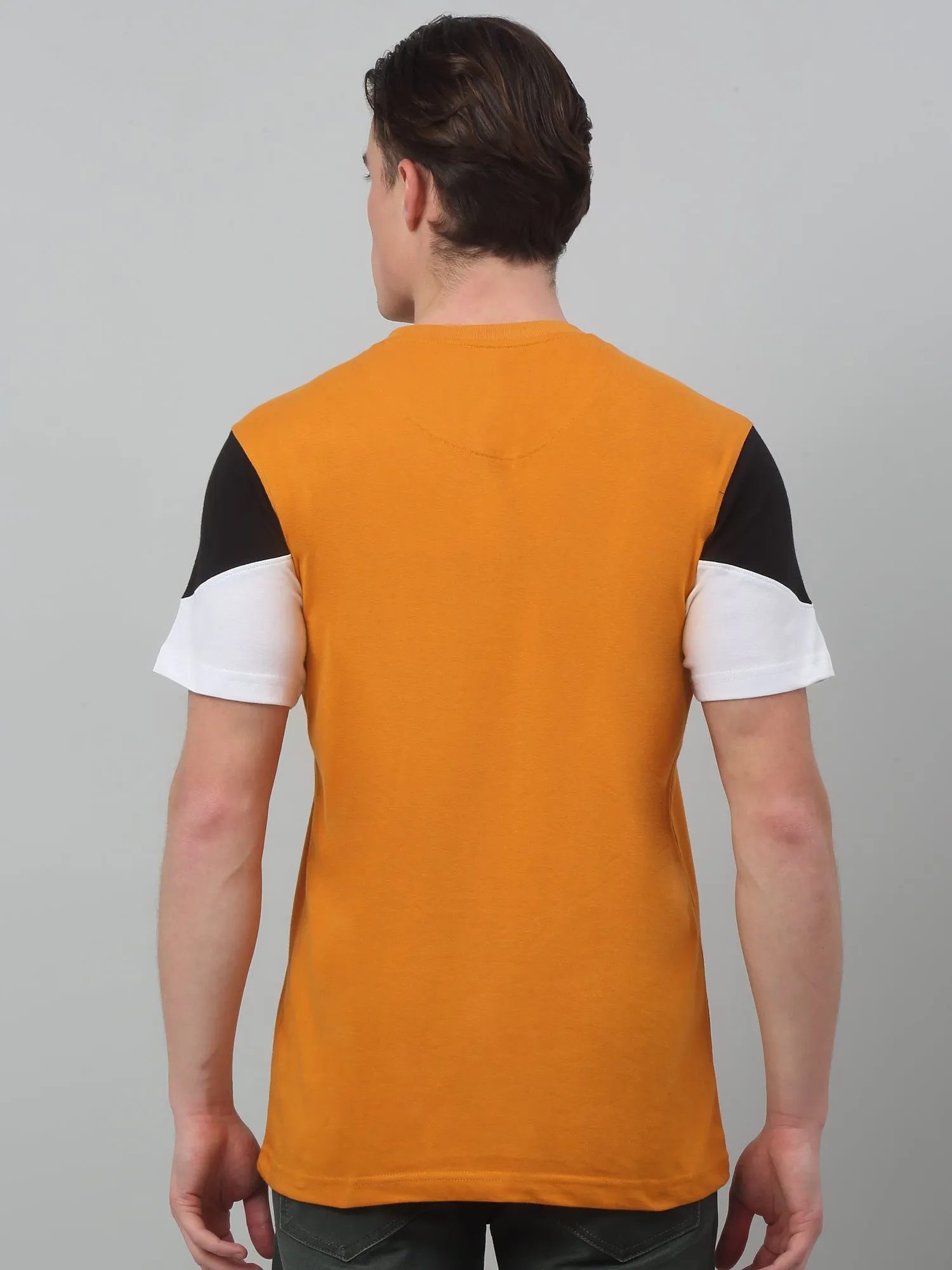 Men's Mustard  Round neck Half Sleeve T-Shirt with contrast panel sleeve