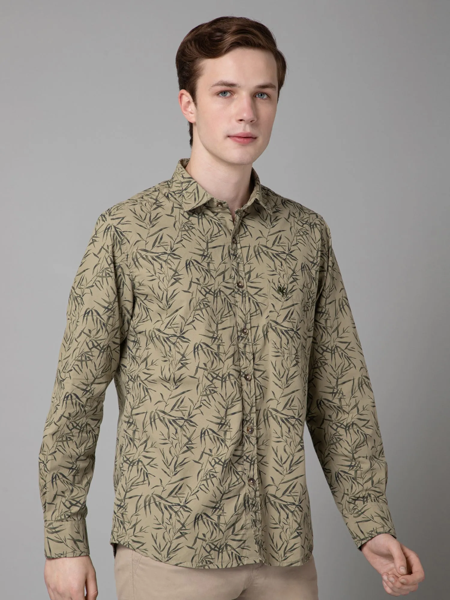 Men's Olive Green Casual Foliage Print Full Sleeve Shirt