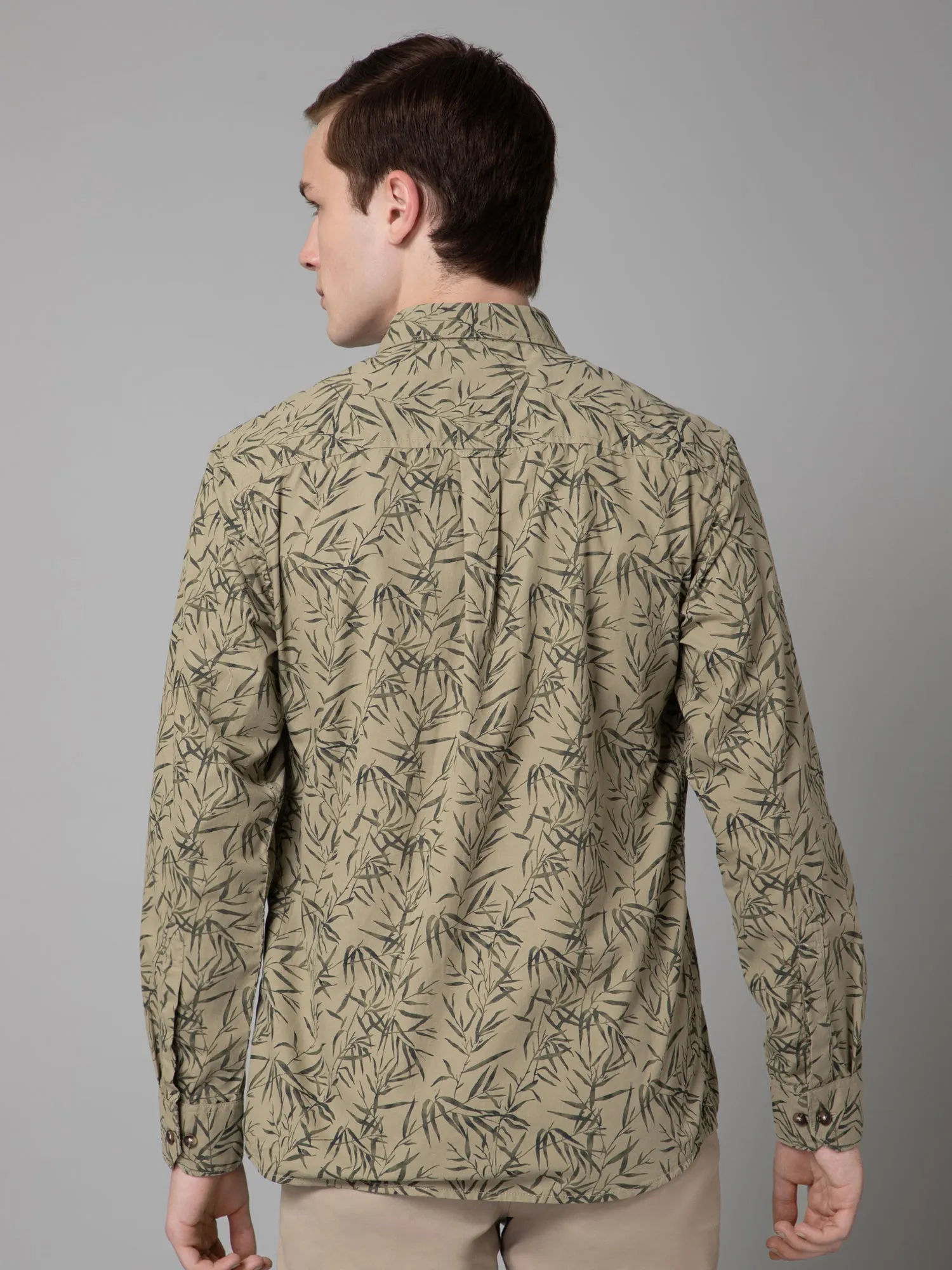 Men's Olive Green Casual Foliage Print Full Sleeve Shirt