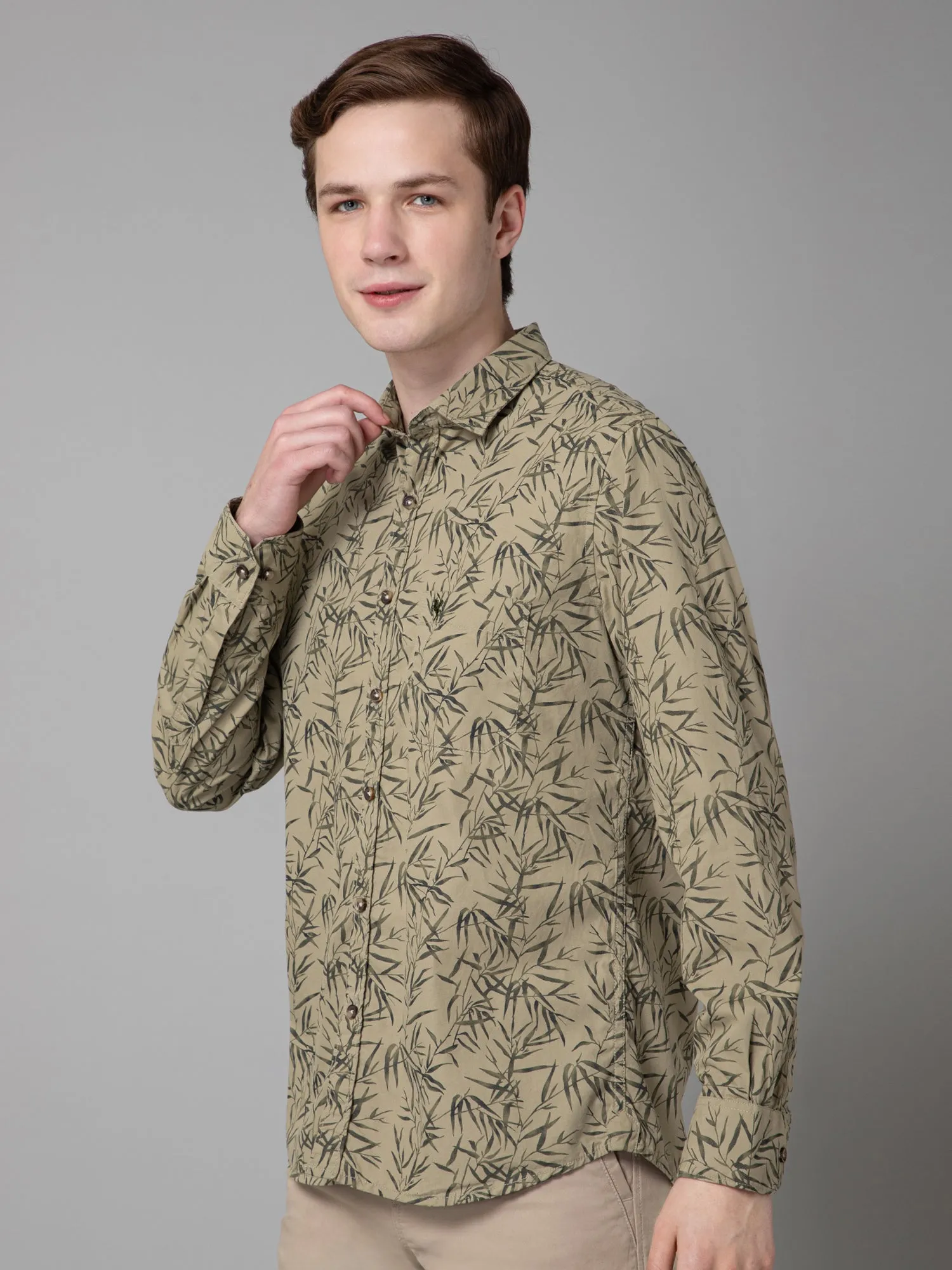 Men's Olive Green Casual Foliage Print Full Sleeve Shirt