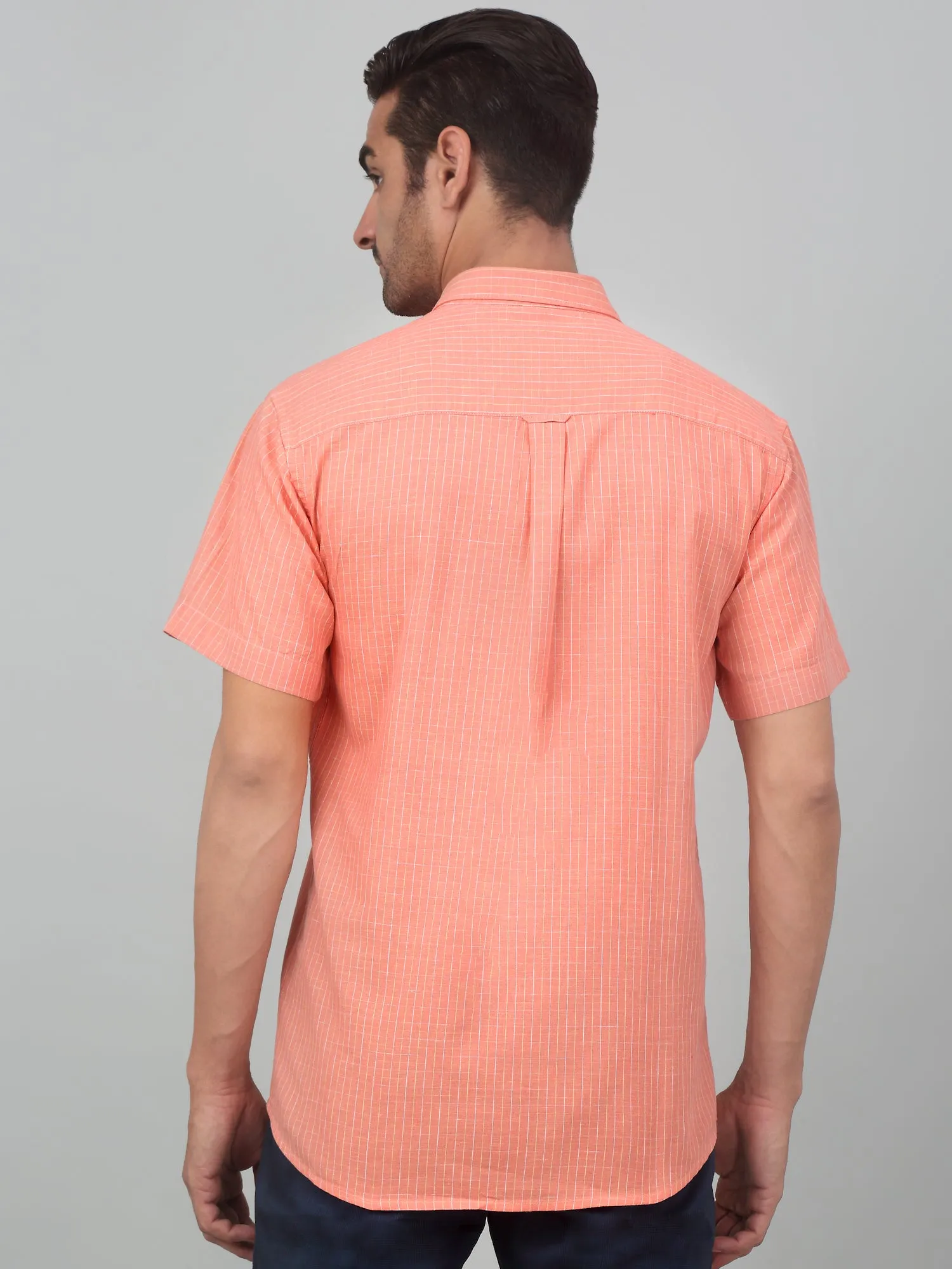 Men's Orange Casual Thin Stripe Half sleeve Shirt