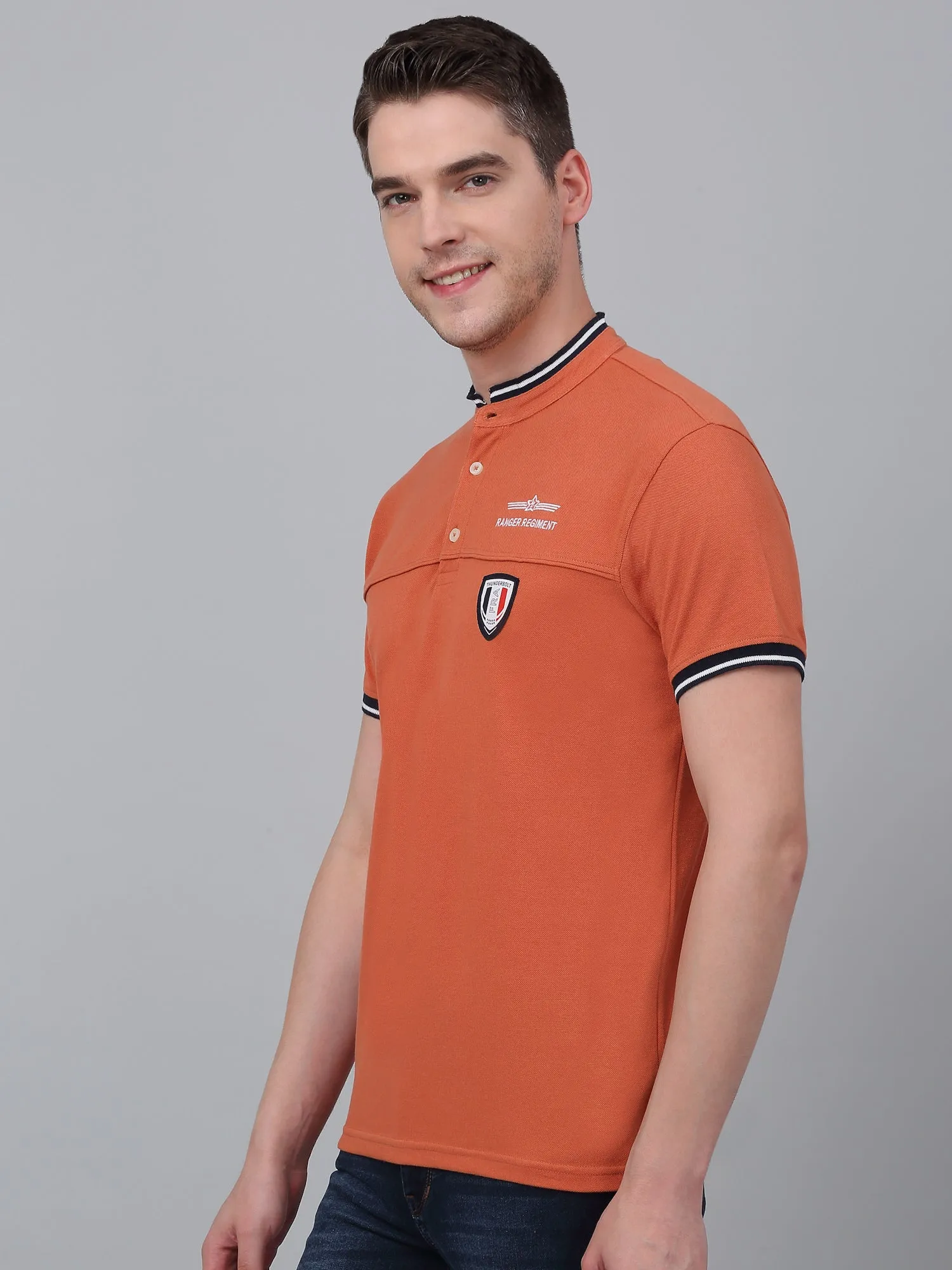 Men's Orange Printed Mandarin Collar T-shirt