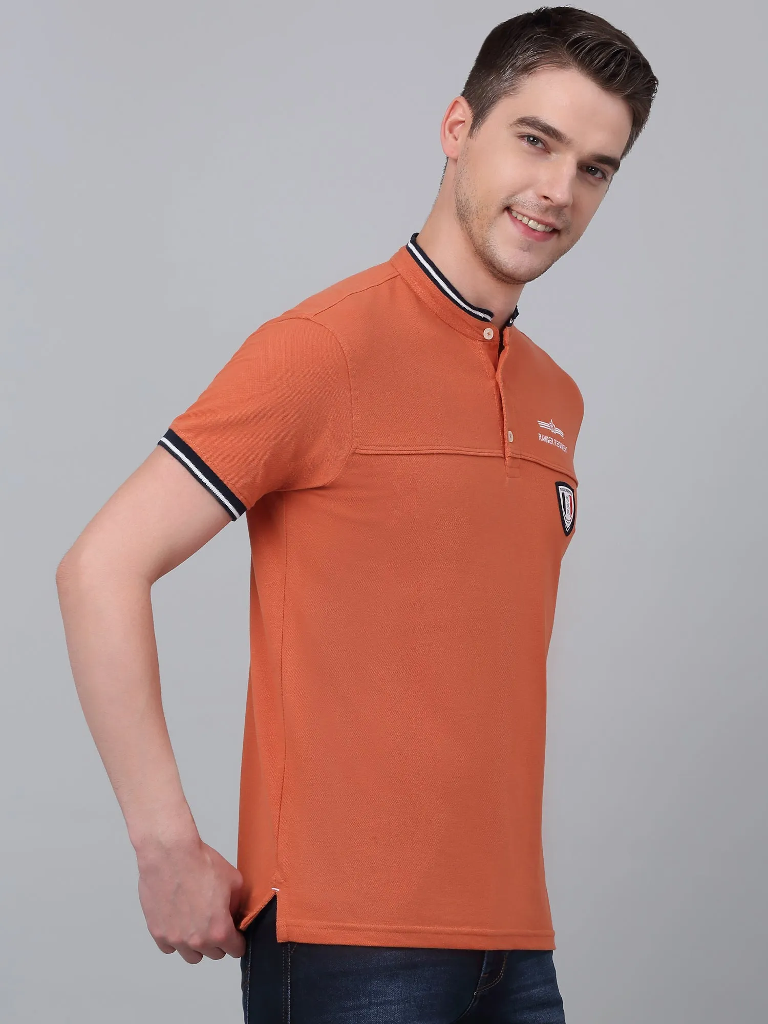 Men's Orange Printed Mandarin Collar T-shirt