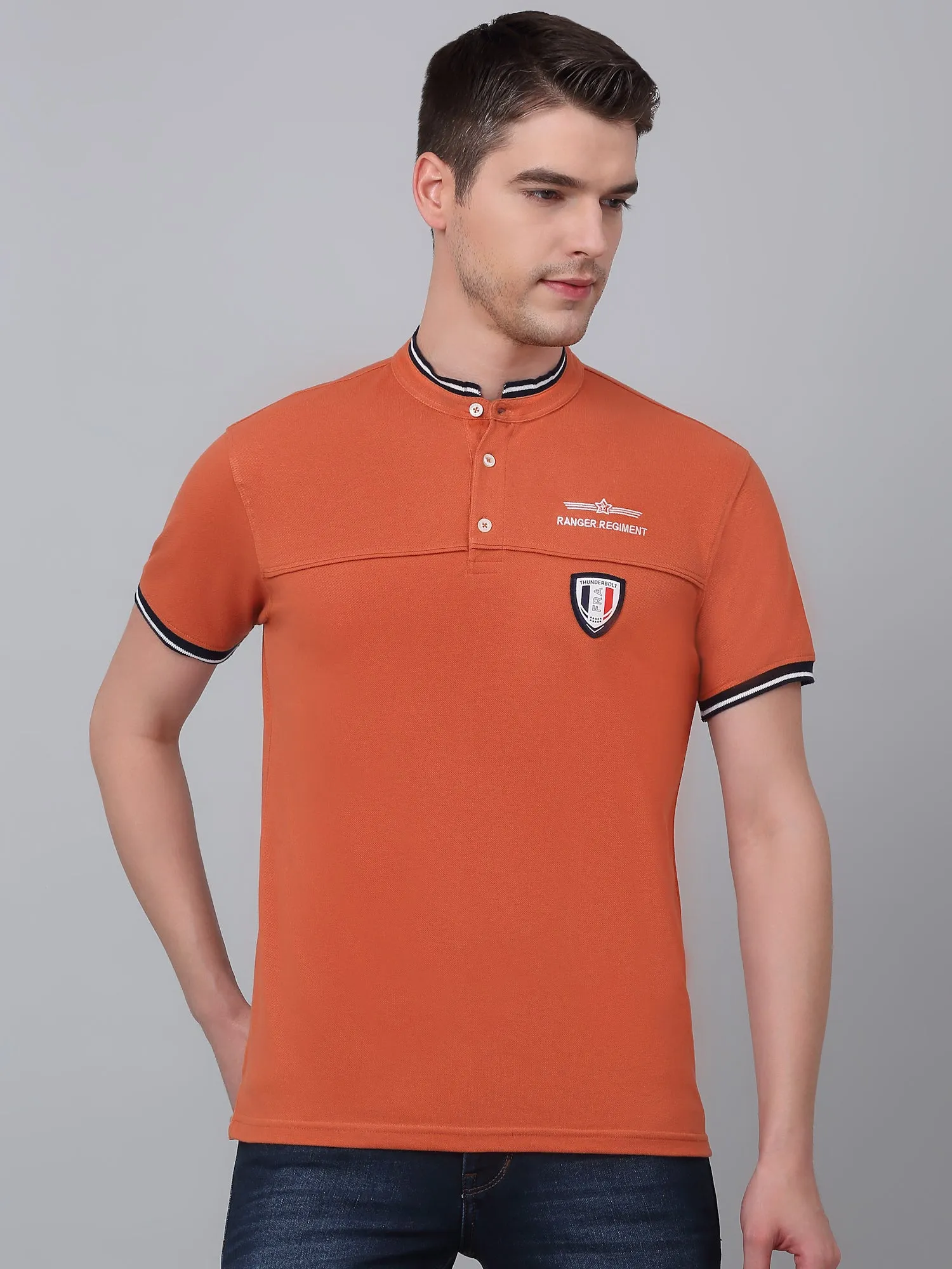 Men's Orange Printed Mandarin Collar T-shirt