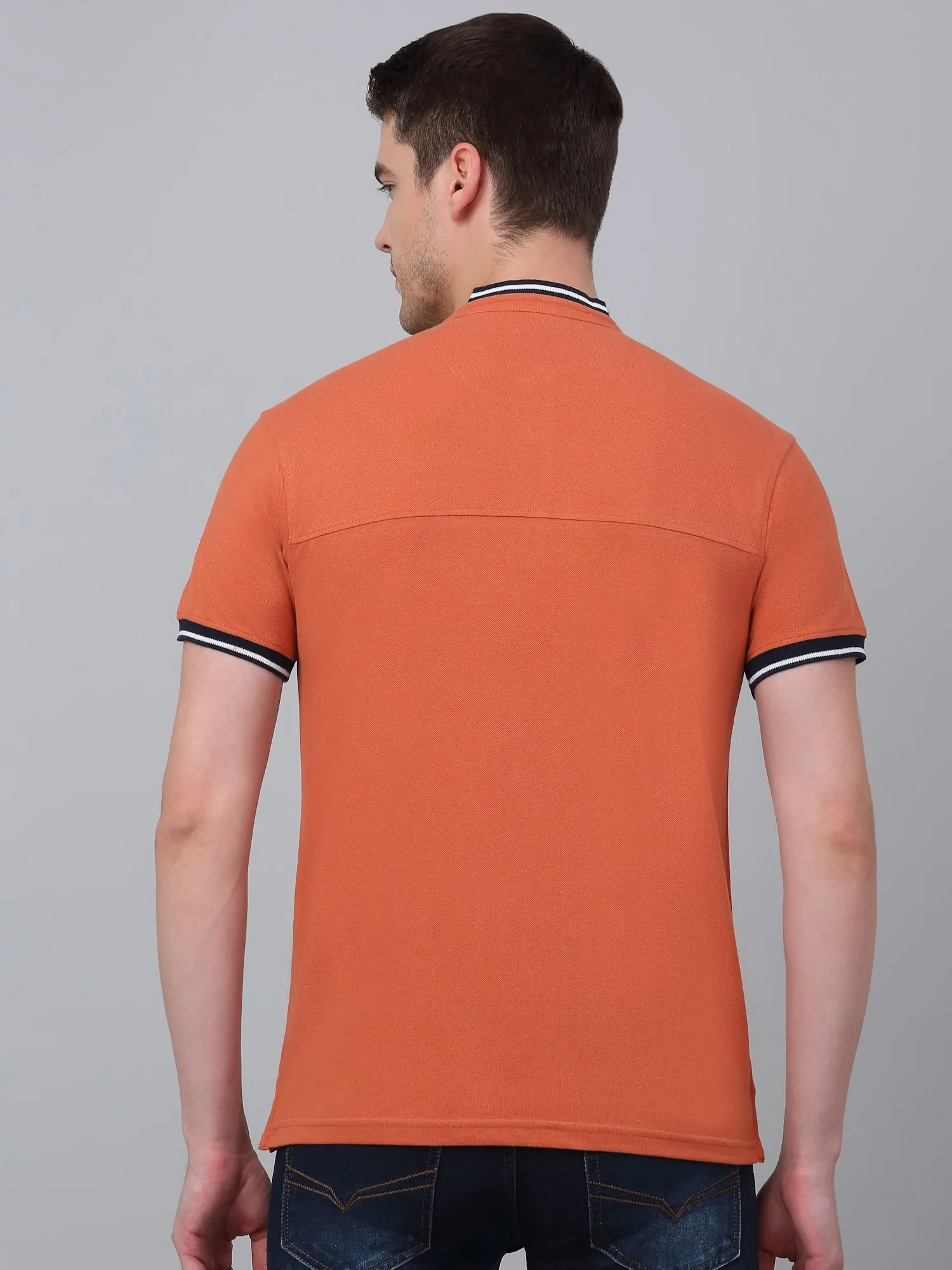 Men's Orange Printed Mandarin Collar T-shirt