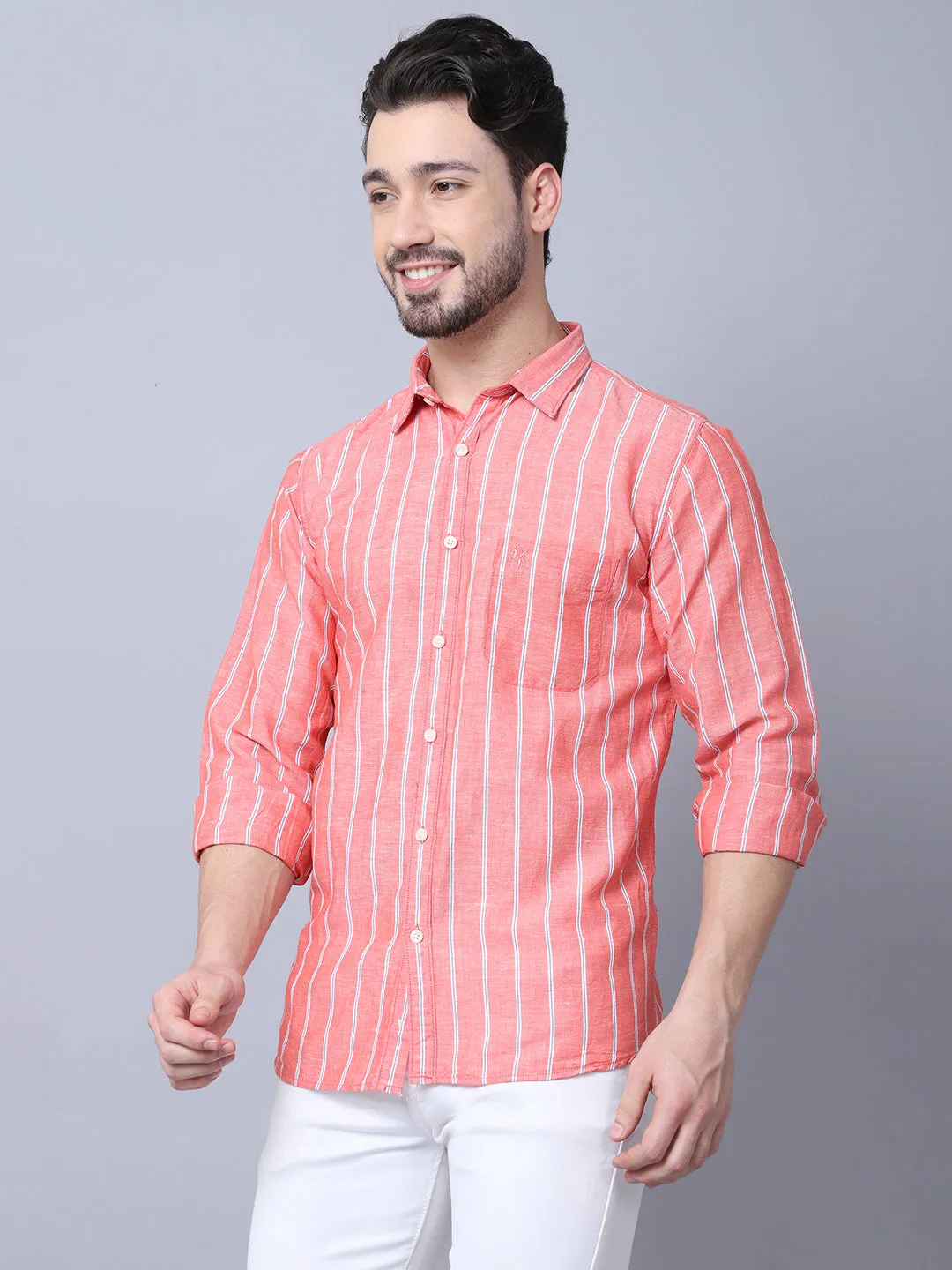 Men's Red Casual Broad Stripe Full Sleeve Shirt