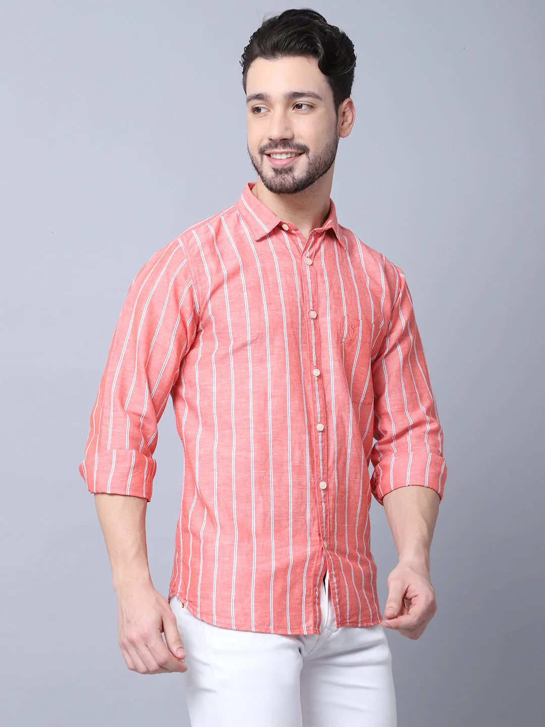 Men's Red Casual Broad Stripe Full Sleeve Shirt