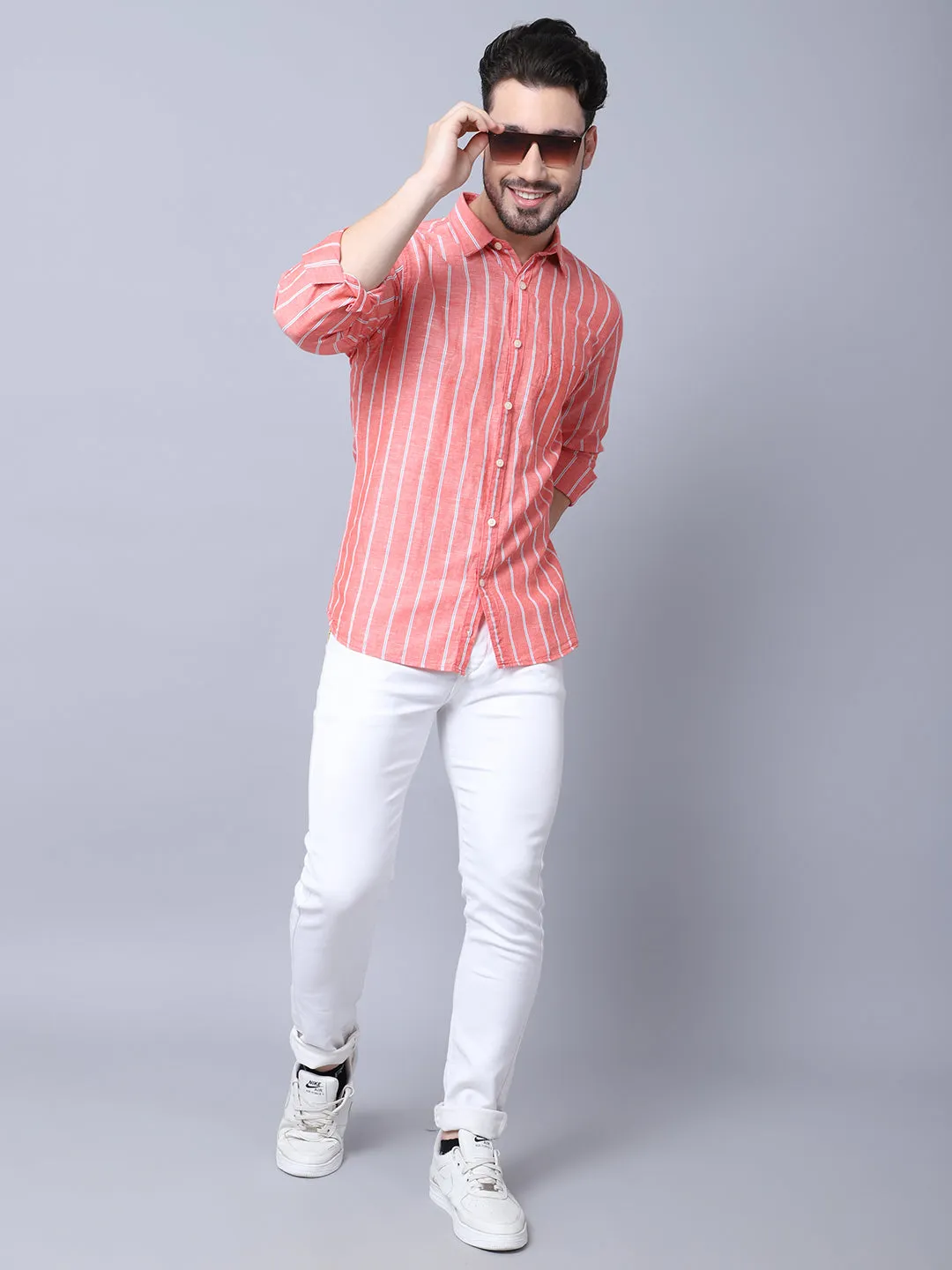 Men's Red Casual Broad Stripe Full Sleeve Shirt