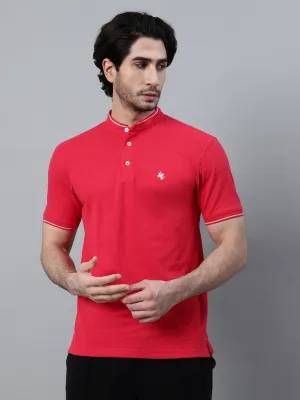 Men's Red Solid Mandarin Collar Half Sleeve T-shirt