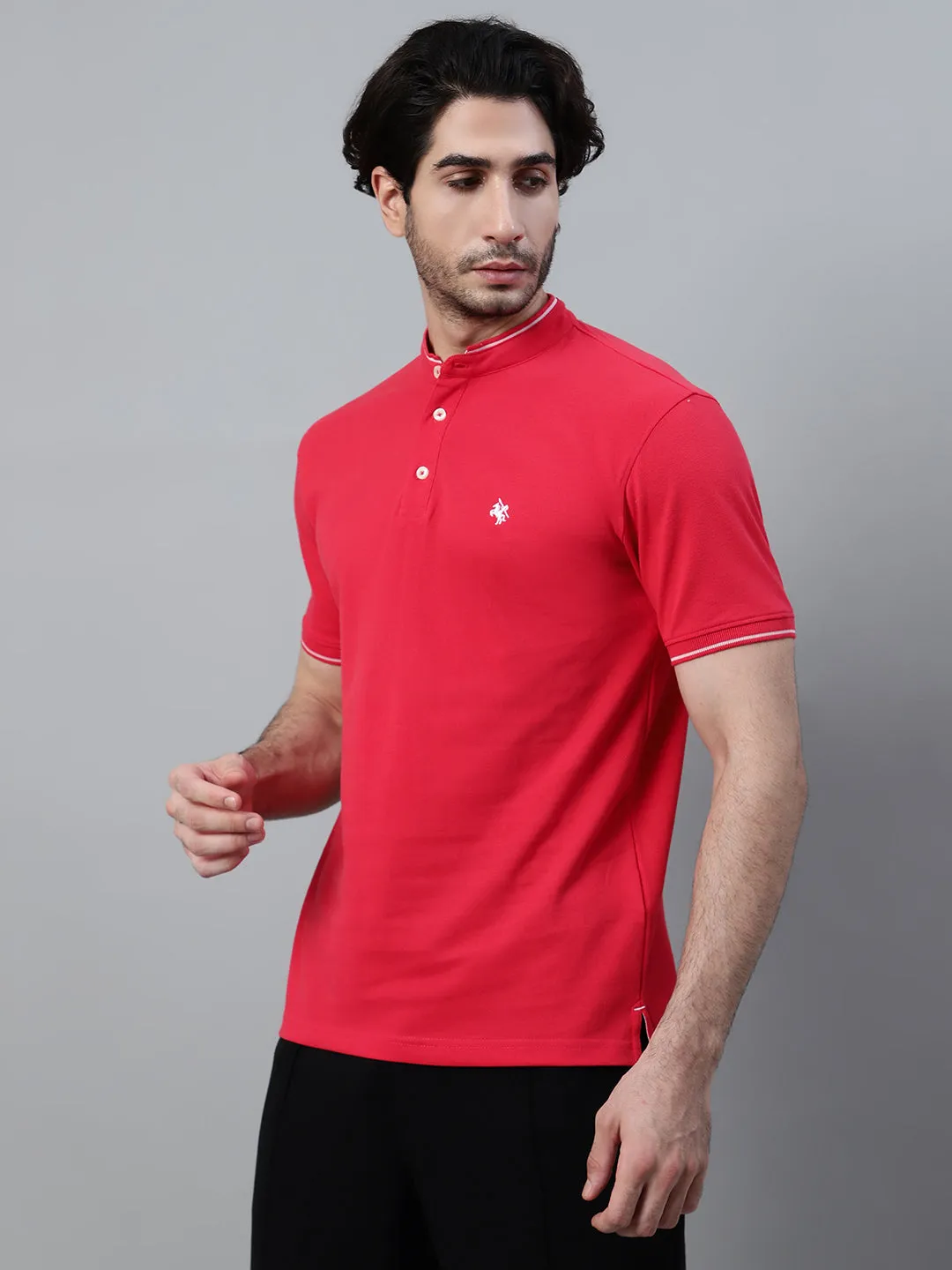 Men's Red Solid Mandarin Collar Half Sleeve T-shirt