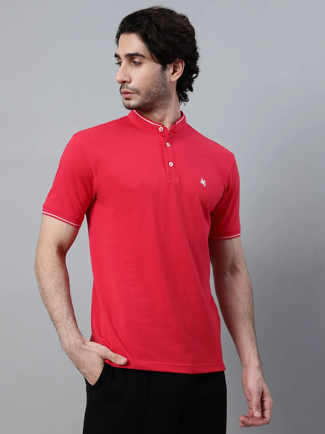 Men's Red Solid Mandarin Collar Half Sleeve T-shirt