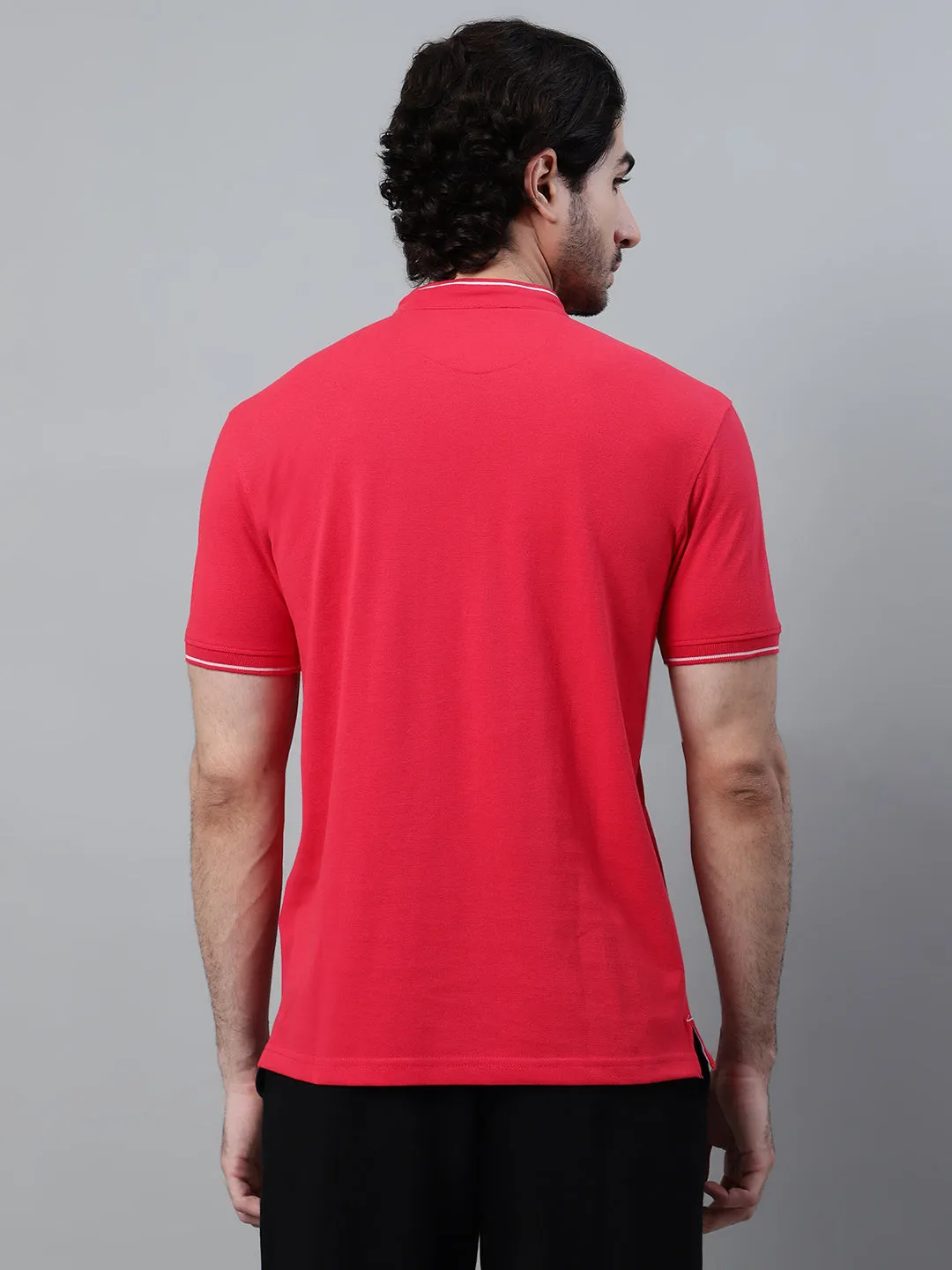 Men's Red Solid Mandarin Collar Half Sleeve T-shirt