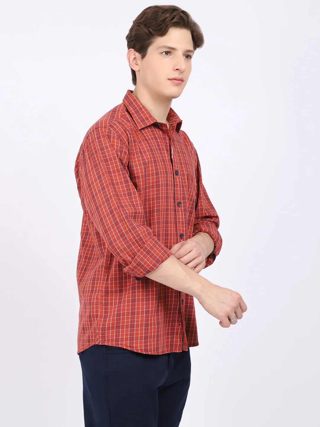 Men's Rust Casual Medium Checks Full Sleeve Shirt