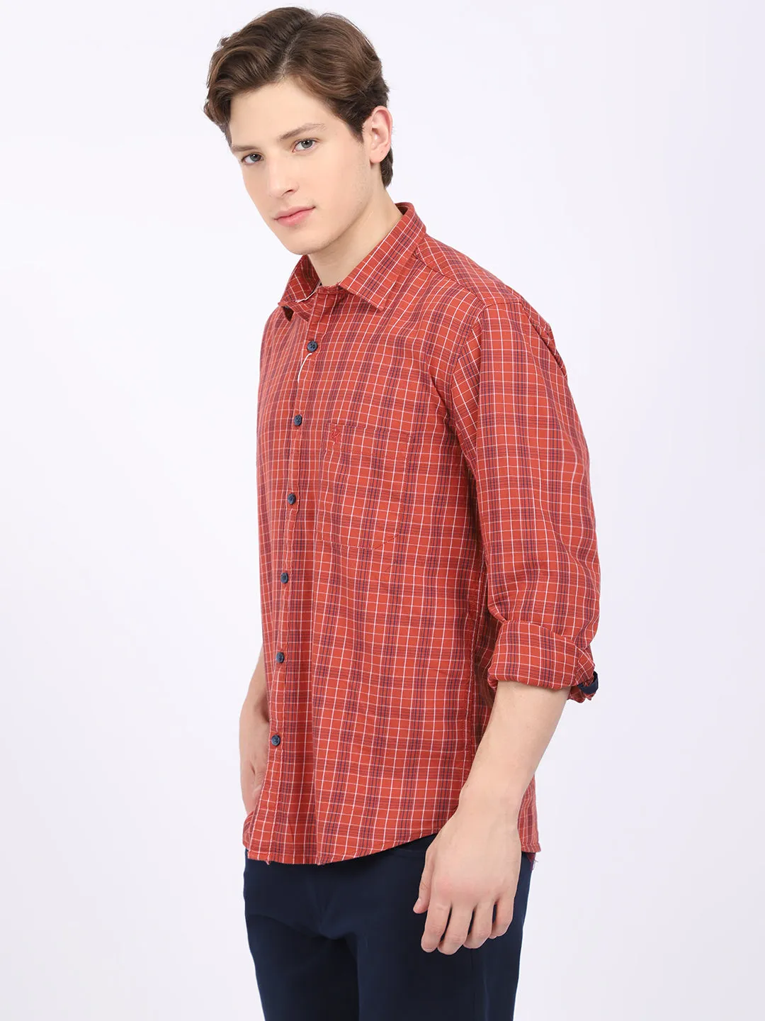 Men's Rust Casual Medium Checks Full Sleeve Shirt