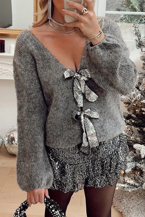 Misty Starlight Tie Front Sequin Bow Loose Sweater