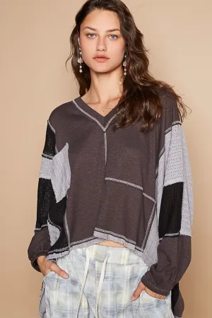 Multi-Texture Pocket Long Sleeve Top by POL - Charcoal