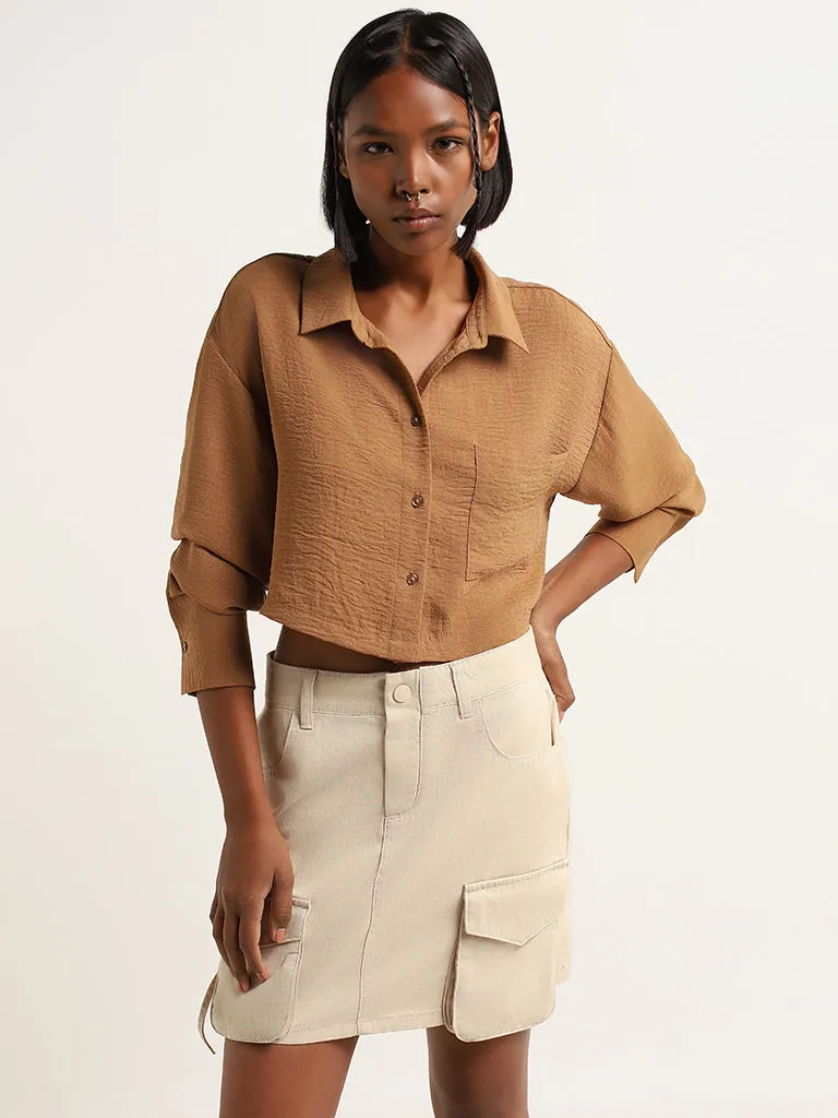 Nuon Brown Crinkled Crop Shirt