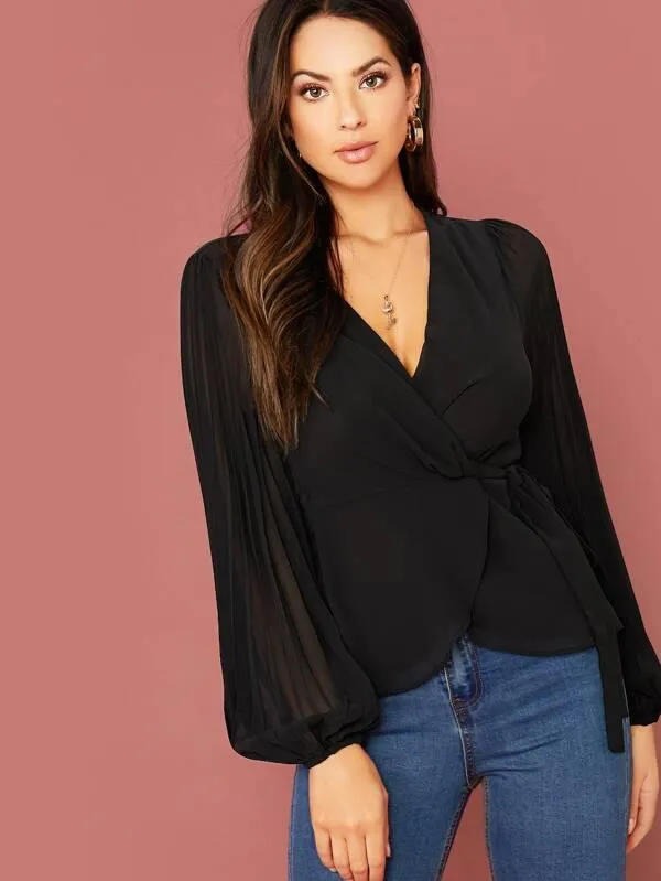 Pleated Lantern Sleeve Knot Side Wrap Top