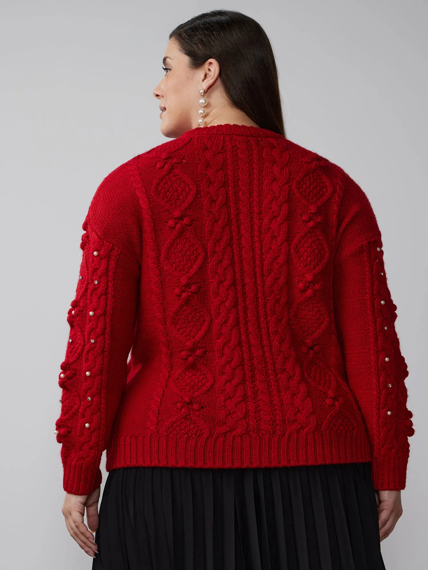 Plus Cable Knit Rhinestone Sweater