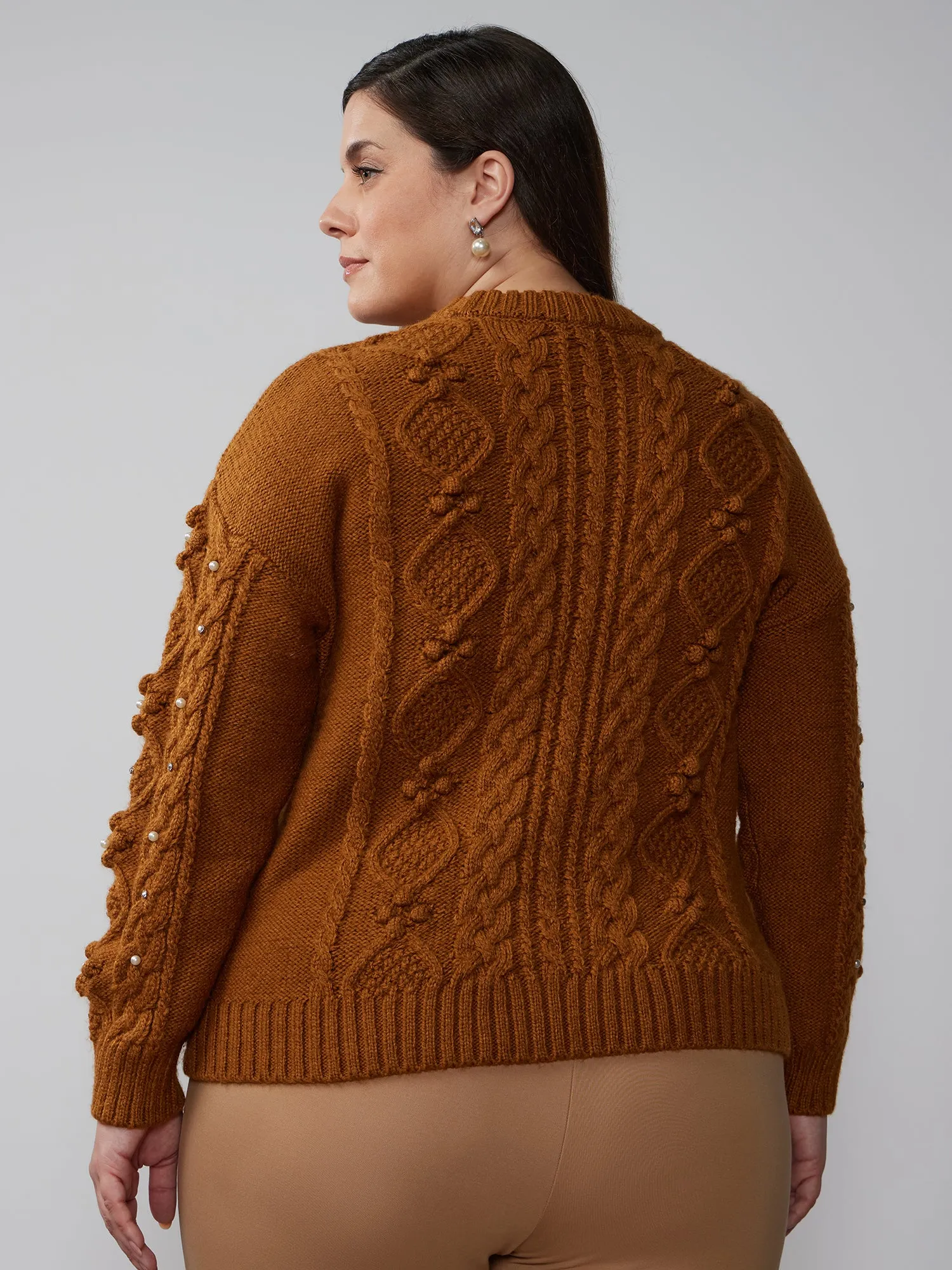 Plus Cable Knit Rhinestone Sweater