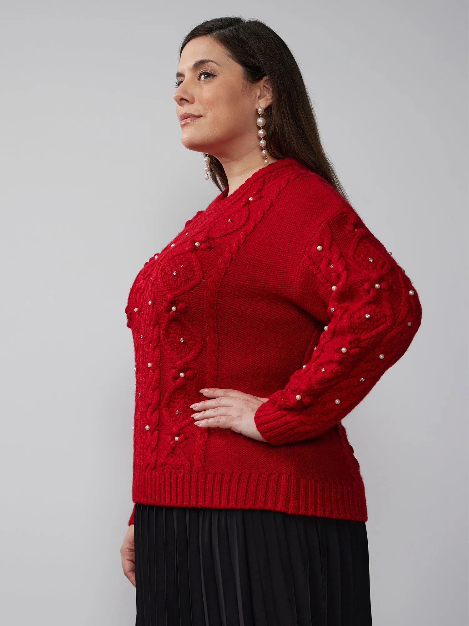 Plus Cable Knit Rhinestone Sweater