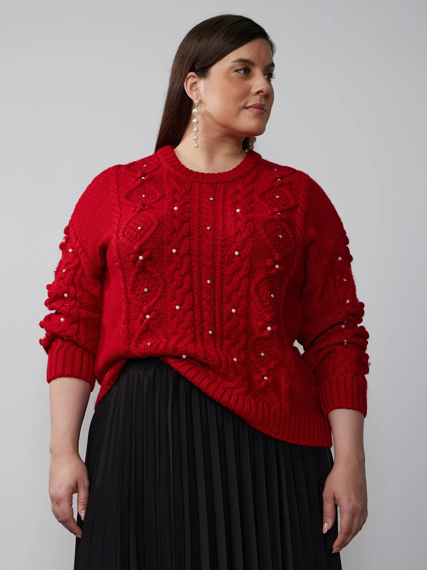 Plus Cable Knit Rhinestone Sweater