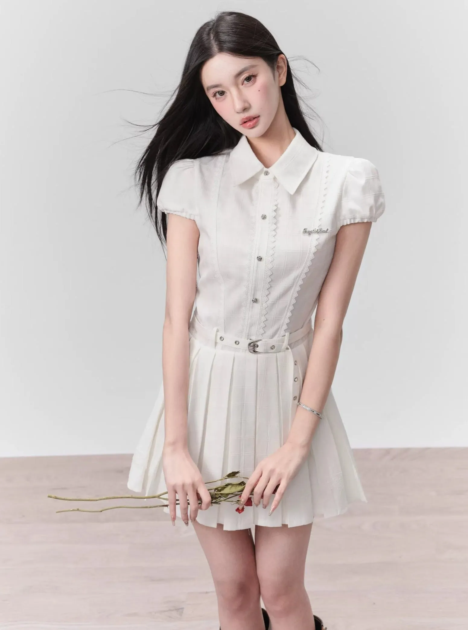 Pristine Puff-Sleeve Pleated Shirt Dress