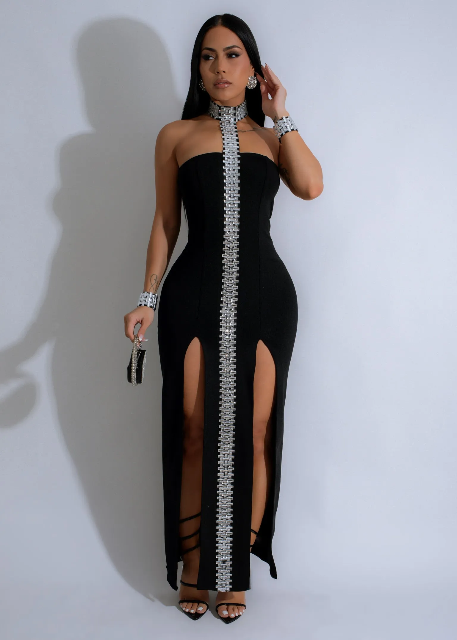 Radiant Lineage Rhinestone Maxi Dress Black