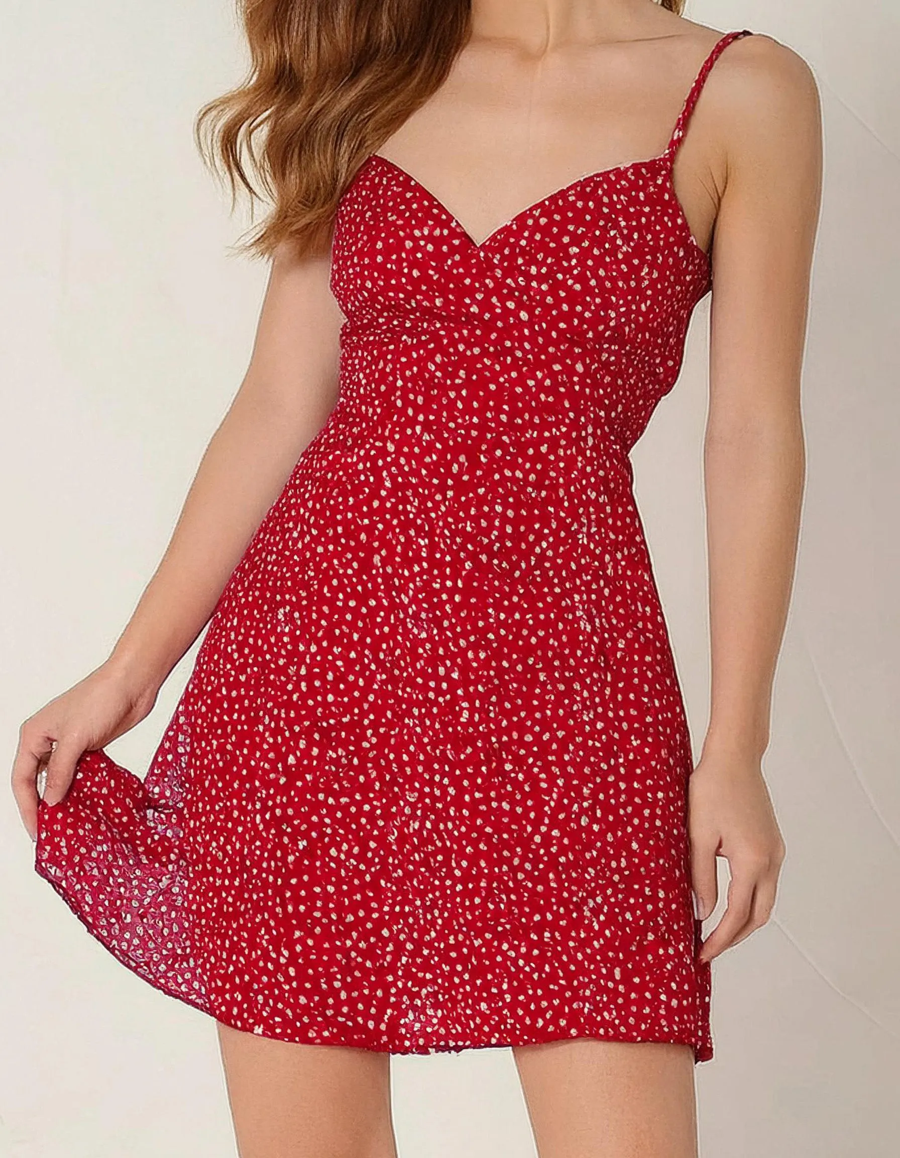 Red Floral A-Line Dress with Ruffled Hem