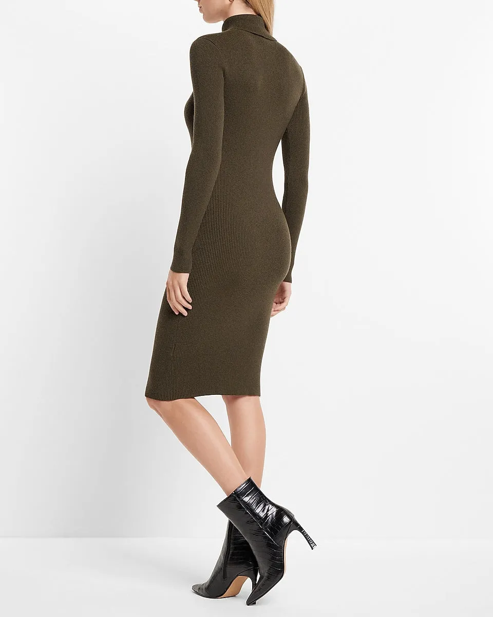 Ribbed Turtle Neck Sweater Midi Dress in Olive Green