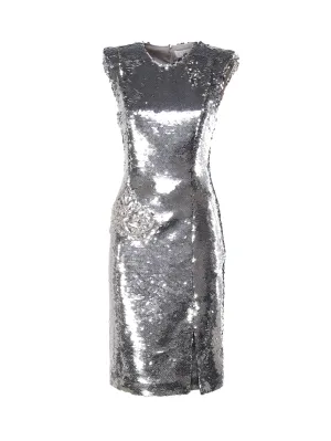 Silver Sequined Midi Dress with Slit