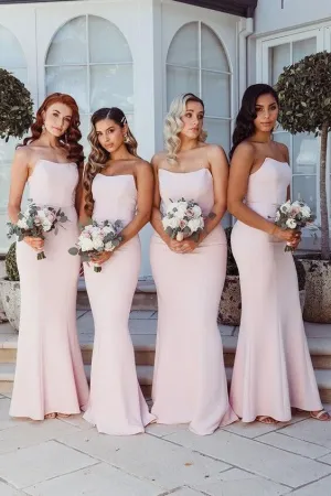 Simple Strapless  Satin Cheap Long Bridesmaid Dresses