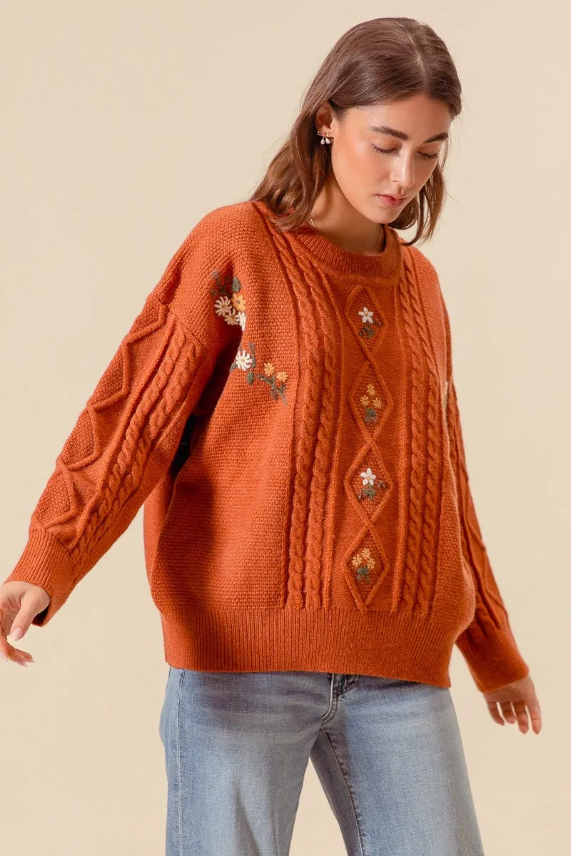 So Me Cable Knit Sweater with Flower Embroidery Details in Brick