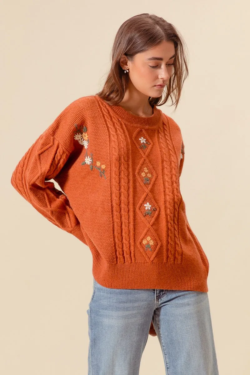 So Me Cable Knit Sweater with Flower Embroidery Details in Brick