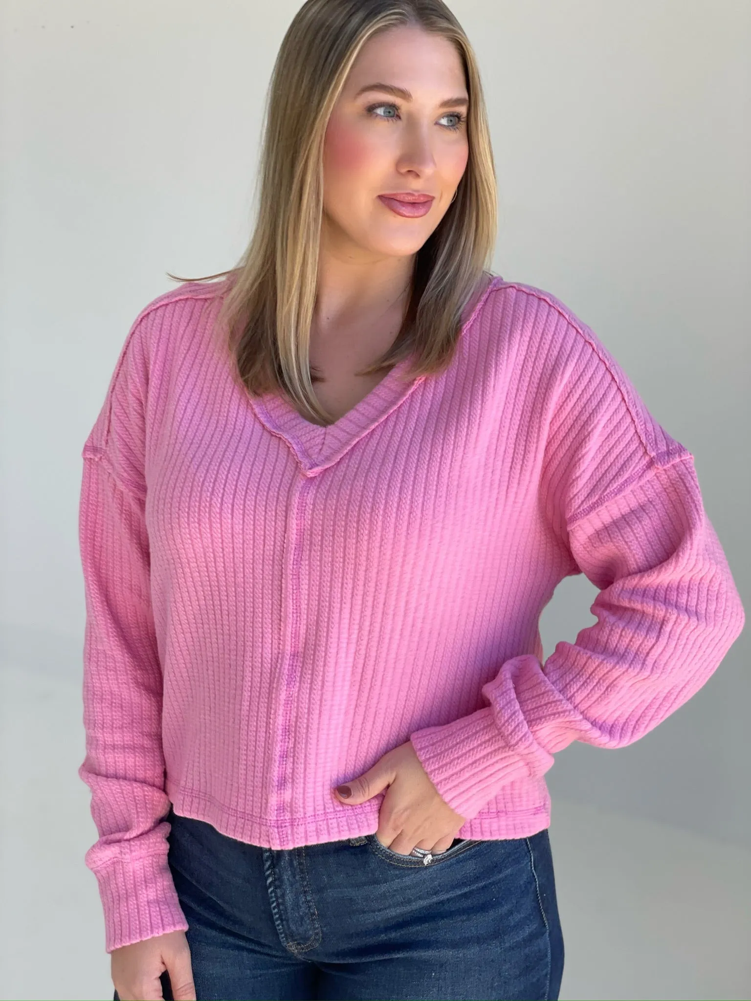 Softer V Neck Sweater - Pink *CM