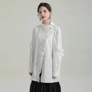 Solid Patchwork Button Casual Irregular Blouses For Women Lapel Long Sleeve Spliced Ruffle Elegant Blouse Female