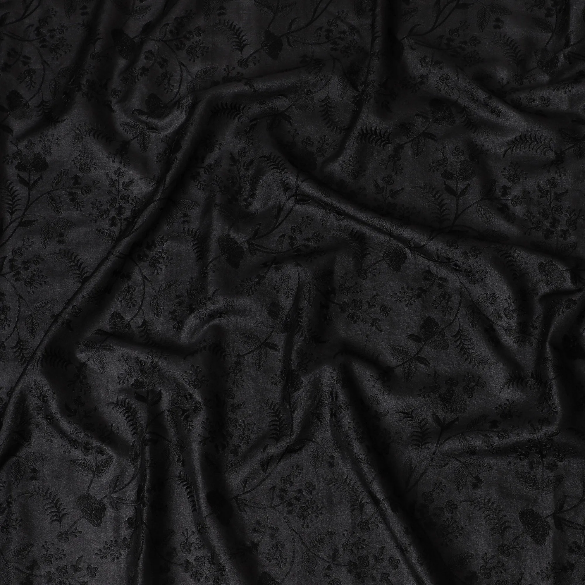 Sophisticated Black Tussar Silk Fabric with Floral Embroidery - 110 cm Wide - D19618