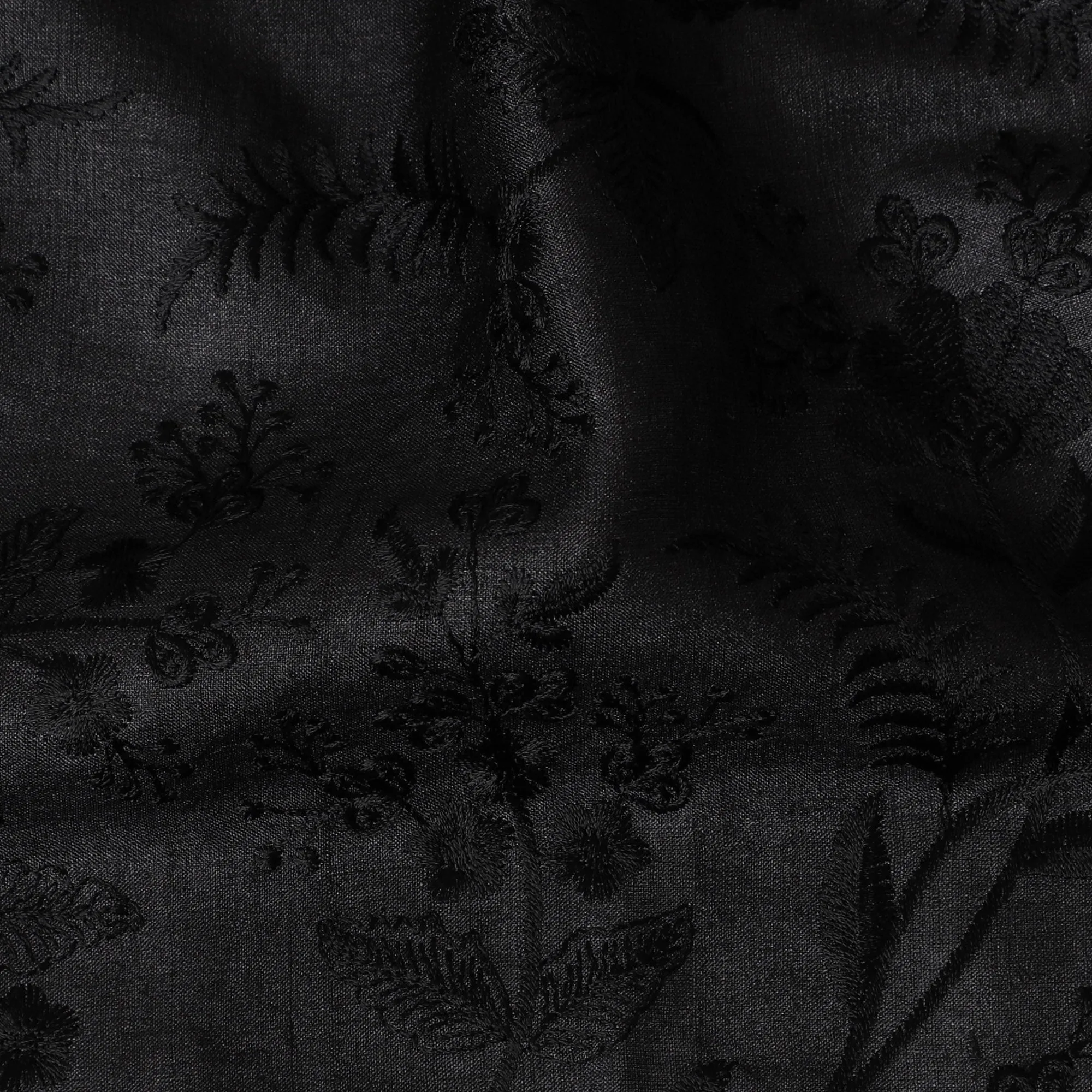 Sophisticated Black Tussar Silk Fabric with Floral Embroidery - 110 cm Wide - D19618