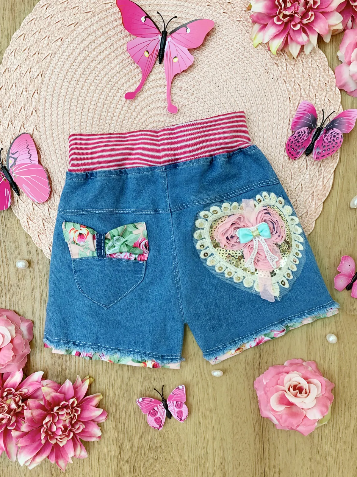 Sparkle and Lace Floral Denim Shorts