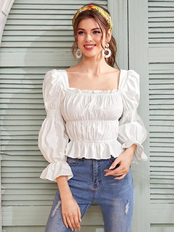 Square Neck Puff Sleeve Peplum Blouse