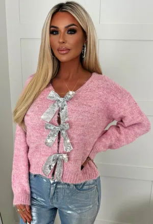 Totally In Love Pink Sequin Bow Jumper