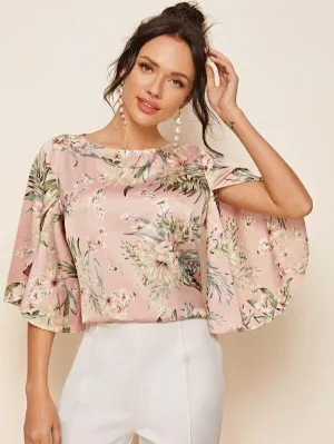 Tropical Print Split Sleeve Satin Top