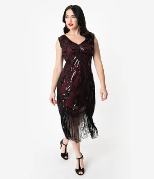 Unique Vintage 1920s Burgundy & Black Beaded Fringe Magdeleine Flapper Dress