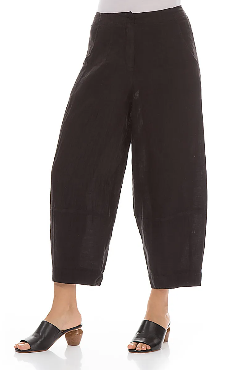 Wide Cropped Black Linen Trousers